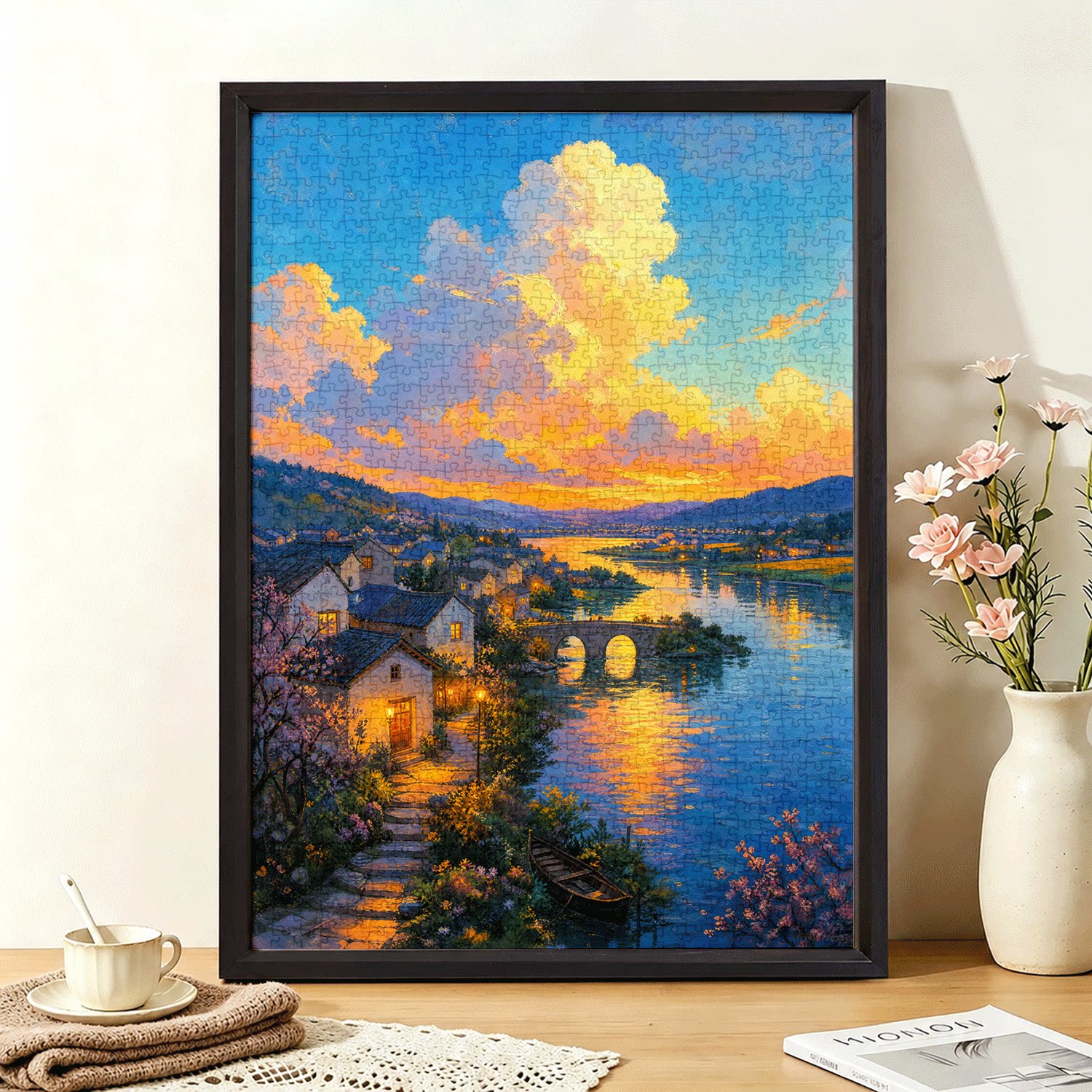 成人拼图1000片风景油画一千片高难度减压手工装饰画河畔村晚