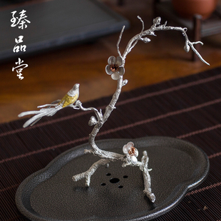 香插香道配件家用沉香檀香日式 纯锡摆件 花鸟金属香炉梅花香托