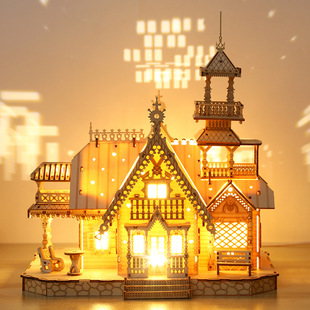 小屋模型3D立体拼图木制玩具益智拼装 DIY创意usb亮灯复古别墅礼物