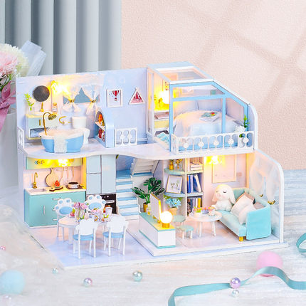 女生礼物倾心表白微缩小房子diy小屋手工阁楼3d建筑拼装模型蓝色