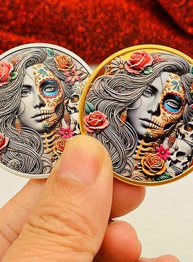 玫瑰花骷髅美少女镀金彩印纪念章装饰摆件钥匙创意幸运币爱情硬币