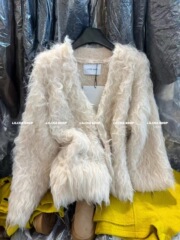 韩系环保卷卷长毛慵懒感开衫女冬新款百搭V领加厚保暖外套