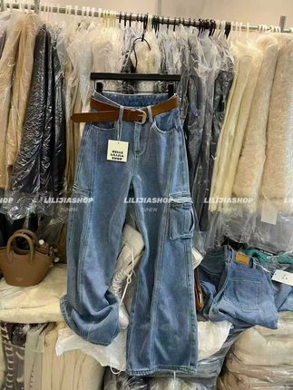 2025秋冬新款韩版时尚百搭宽松显瘦高腰腰带工装牛仔裤女