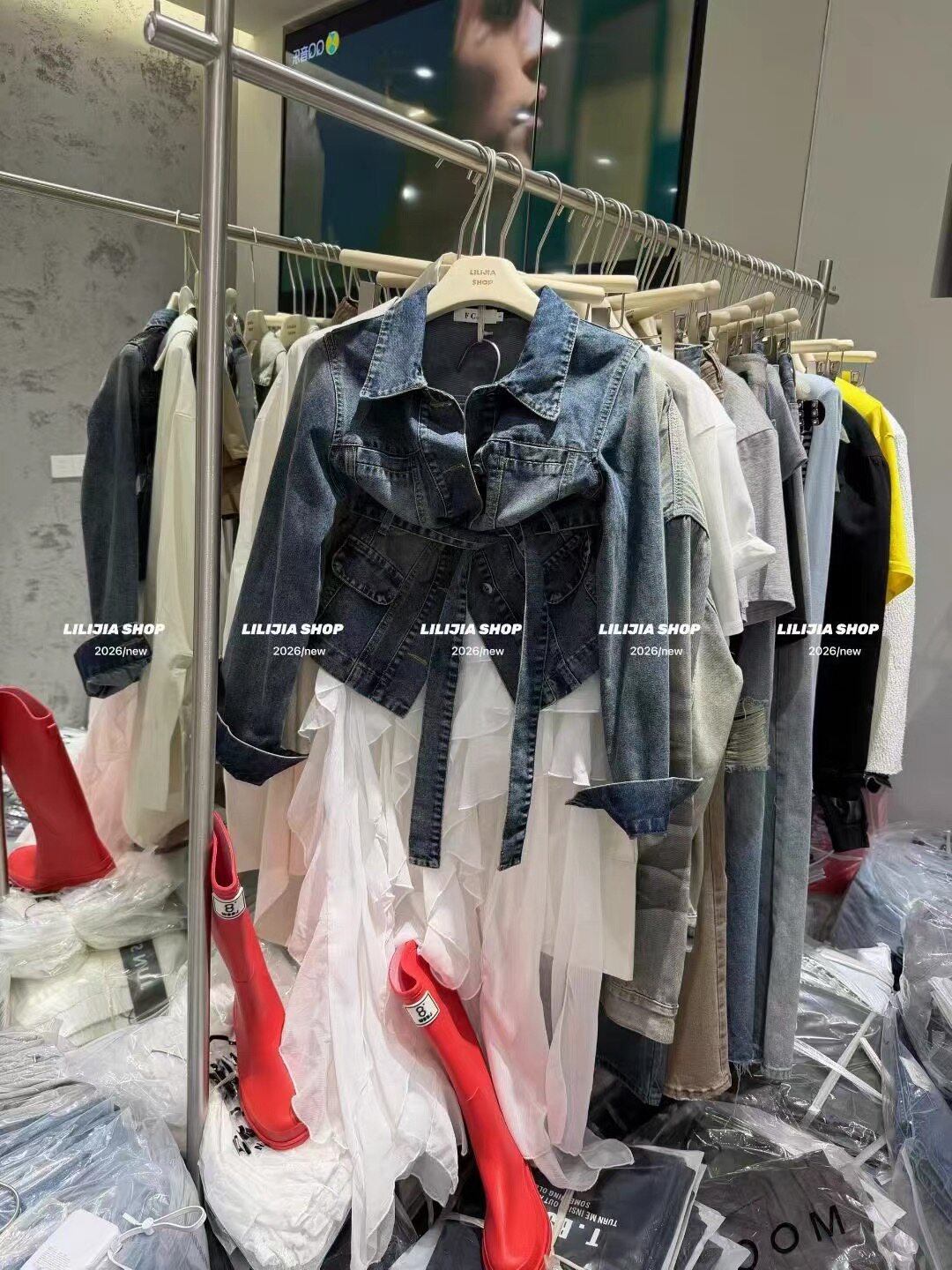 韩版时尚百搭显瘦腰带牛仔外套+不规则荷叶半身裙两件套女