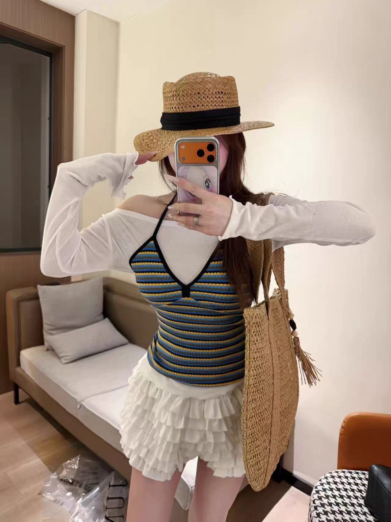 假两件挂脖针织衫女春秋复古条纹拼接修身长袖T恤上衣