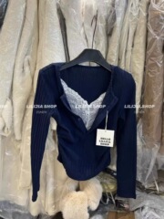 2025秋季新款韩版时尚百搭圆领蕾丝拼接假两件长袖T恤上衣