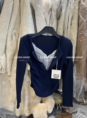 2025秋季新款韩版时尚百搭圆领蕾丝拼接假两件长袖T恤上衣