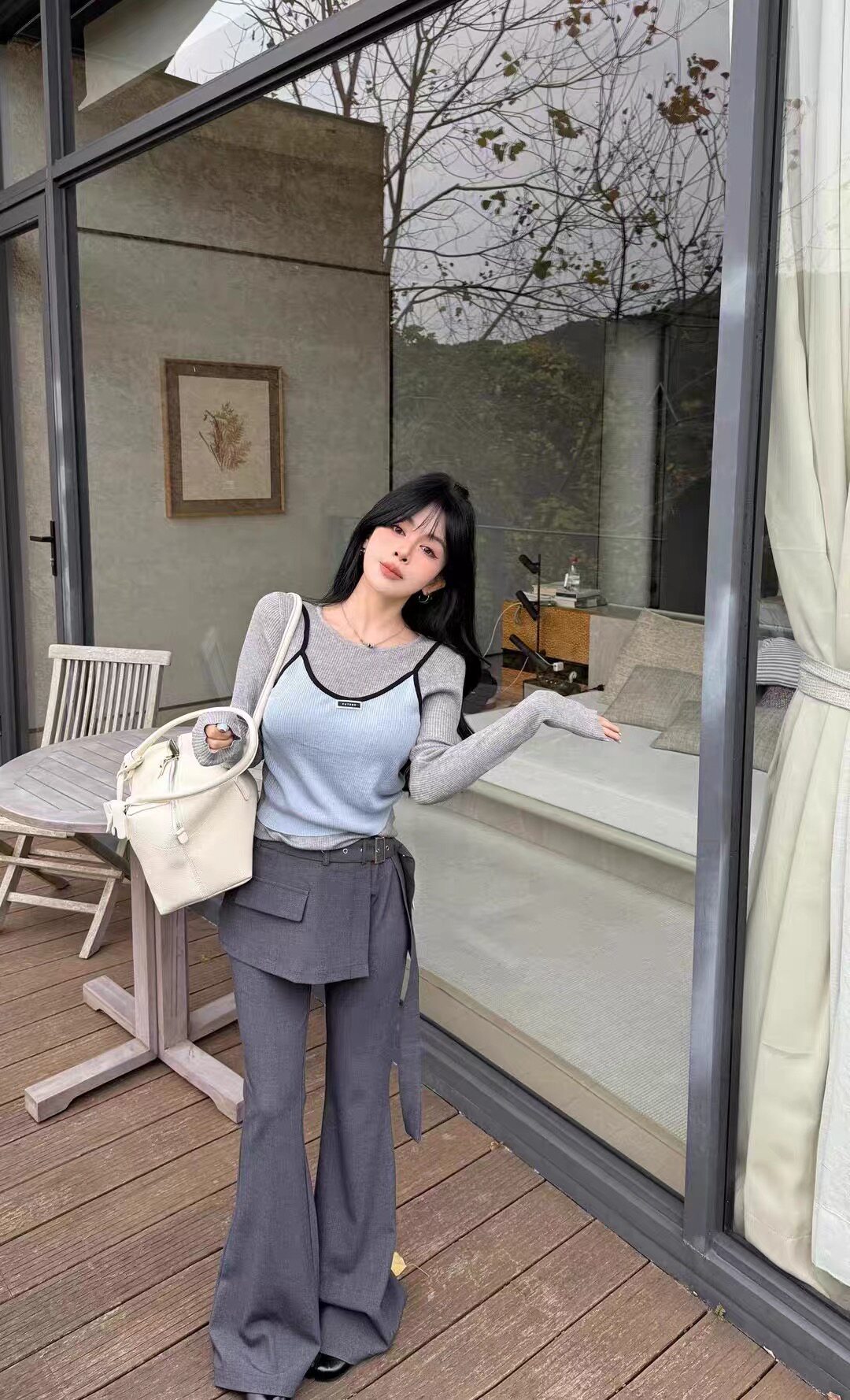 2026新款韩版时尚百搭显瘦高腰西装屁帘腰带微喇裤女