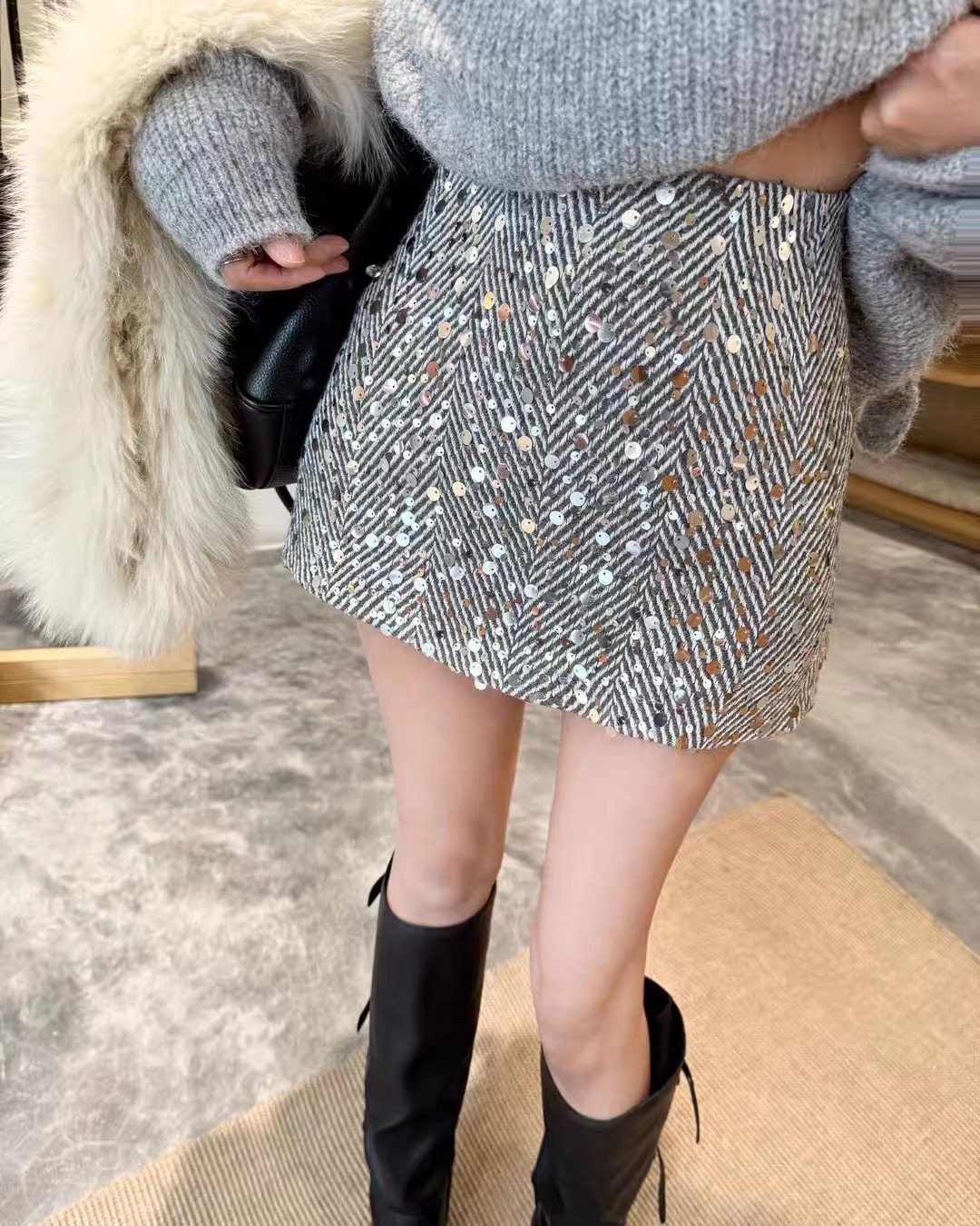 2026冬新款小香风高腰亮片a字包臀半身裙女辣妹显瘦短裙子