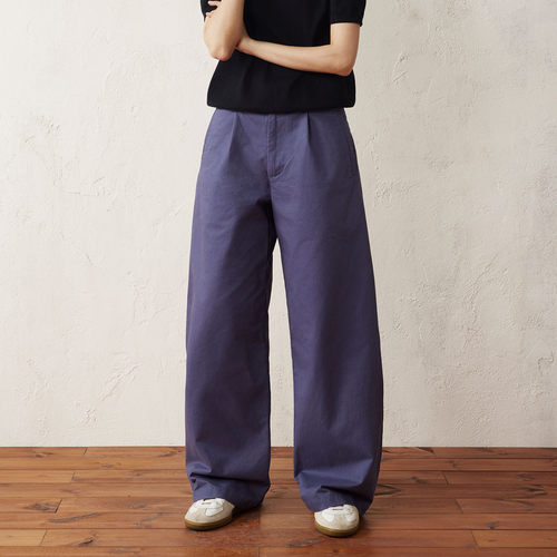 法工蓝碳磨斜纹布直筒休闲长裤