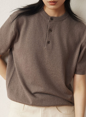 SUPERTOFU老钱风亨利领 山羊绒混纺 螺纹下摆 微弹针织短袖 SS25