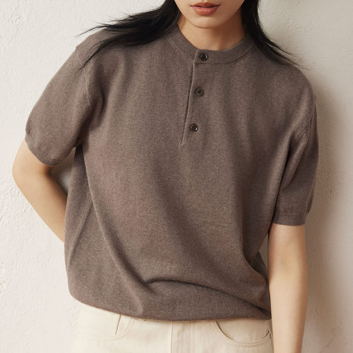 老钱风亨利领针织短袖山羊绒混纺