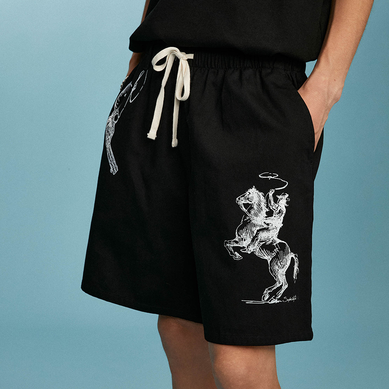 【清仓特价】SUPERTOFU牛仔主题 手绘图案排列 宽松休闲 抽绳短裤