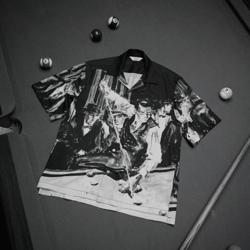 桌球水彩图案古巴领垂感短袖衬衫