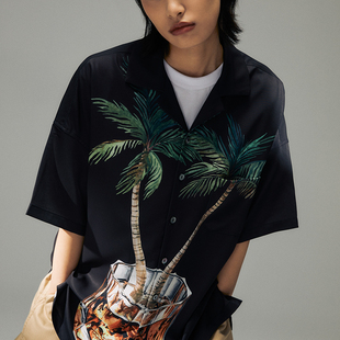 衬衫 SUPERTOFU椰树威士忌手绘融合图案夏威夷短袖 清仓特价