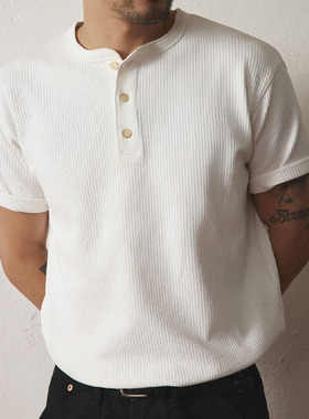 SUPERTOFU做旧果实纽扣 亨利领 微弹华夫格 正肩版型短袖T恤 SS25