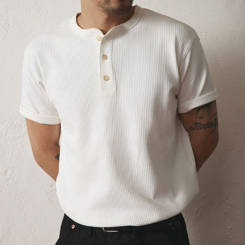 做旧纽扣亨利领华夫格短袖T恤