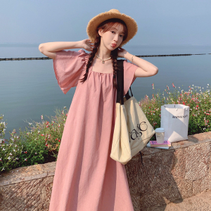 粉色方领飞飞袖连衣裙女夏季2025新款高级感温柔甜美显瘦茶歇裙子图片
