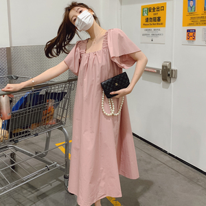 2025夏季新款韩版法式高级感粉色方领连衣裙女宽松显瘦茶歇长裙子图片
