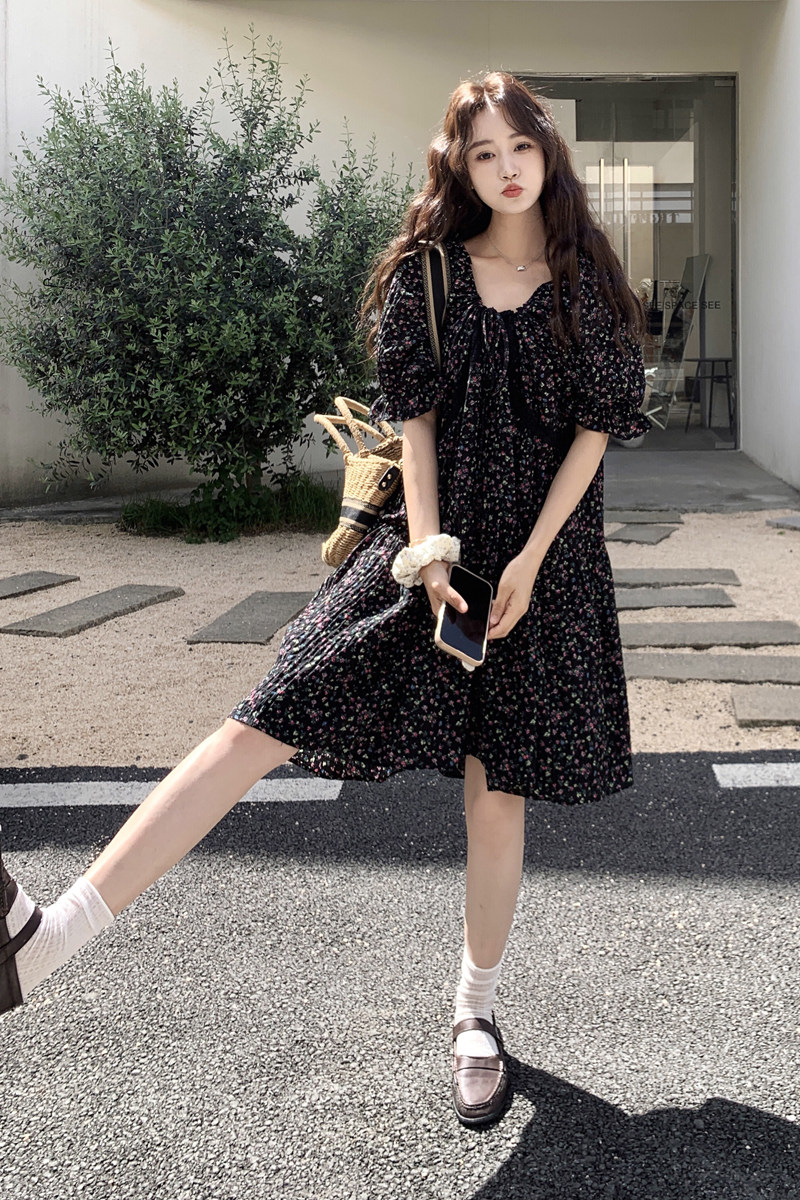黑色碎花短袖连衣裙女夏2025新款小个子温柔风法式复古浪漫短裙,女装连衣裙,浙宝225