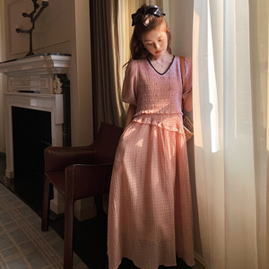 2023夏季新夏季唯美领子黑边连衣裙粉色225-23088-P115（控168）图片
