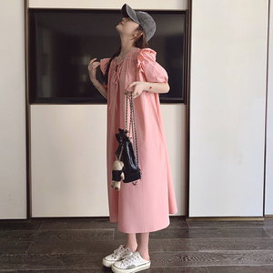 夏季韩系奶甜粉色小飞袖公主连衣裙清纯初恋甜美减龄长款娃娃裙女图片