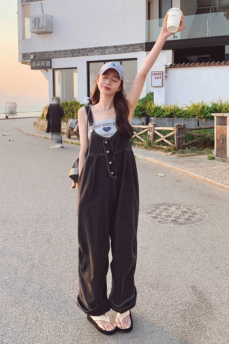已出2023夏季新黑色牛仔背带裤女士宽松225-23076-P125（控178）,女装休闲裤,浙宝225