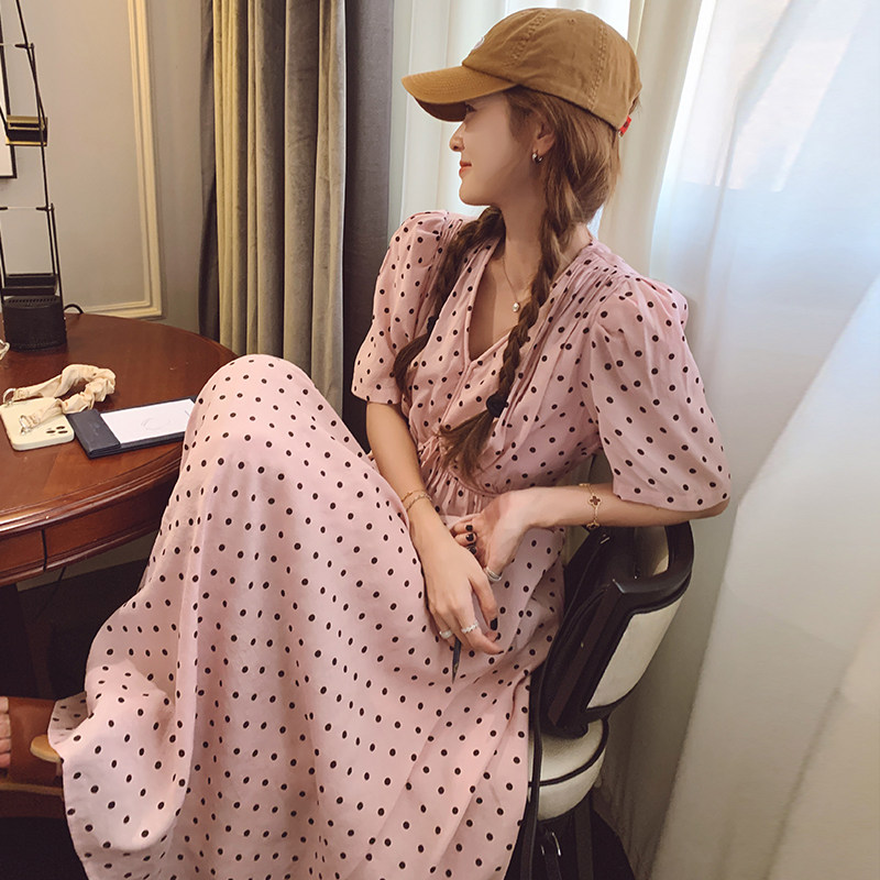 粉色波点连衣裙夏季女2025新款法式显瘦甜美减龄泡泡袖长款仙女裙,女装连衣裙,浙宝225