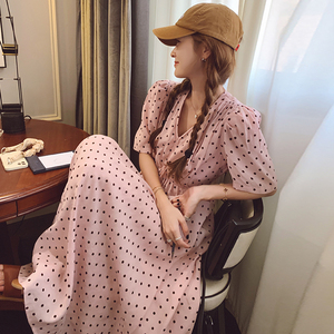 粉色波点连衣裙夏季女2025新款法式显瘦甜美减龄泡泡袖长款仙女裙
