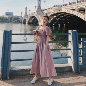 粉色方领收腰连衣裙女夏韩版显瘦法式温柔风甜美少女长裙长款仙图片