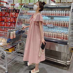 2025夏季新款韩版法式高级感粉色方领连衣裙女宽松显瘦茶歇长裙子图片