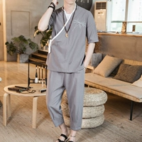 Phong cách Trung Quốc cho nam mùa hè gale Hanfu cotton và vải lanh phù hợp với trang phục nam quốc gia dịch vụ trà lỏng hai mảnh - Trang phục dân tộc quần baggy nam