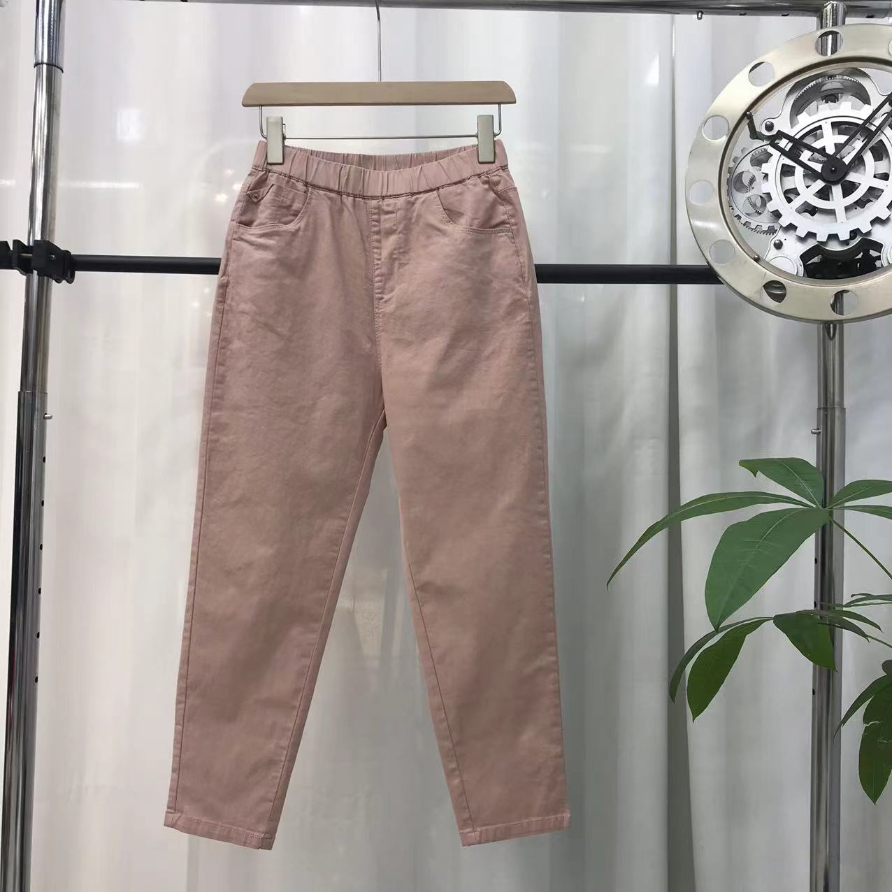 阿布吉木朵9106夏款高腰女松紧腰纯棉弹力显瘦休闲九分小脚裤