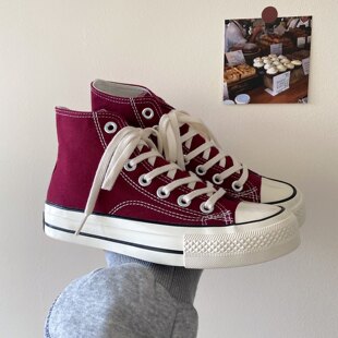 匡潮鞋威2025年春夏新款酒红色百搭高帮帆布鞋女港味街拍板鞋