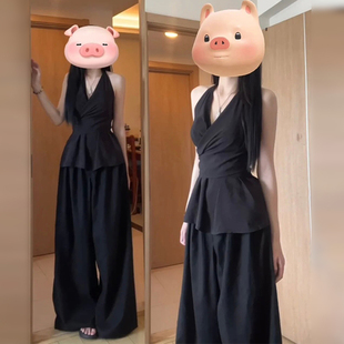 黑色无袖 挂脖上衣女夏装 2025新款 高级感气质又a又飒搭配一整套装