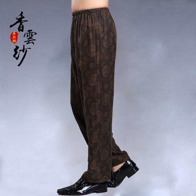 香云纱男土夏天裤子桑蚕丝长裤老年人休闲裤爸爸唐装松紧腰真丝裤