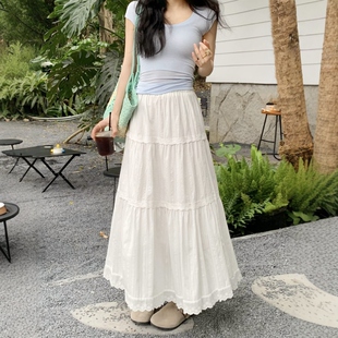 显瘦层次感蛋糕a字长裙 温柔风甜美蕾丝边白色半身裙2025春夏新款