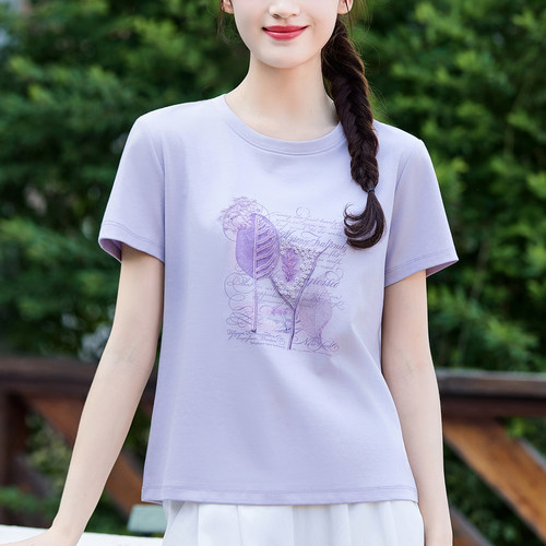 丝光棉中式绣花T恤女夏装短袖衫