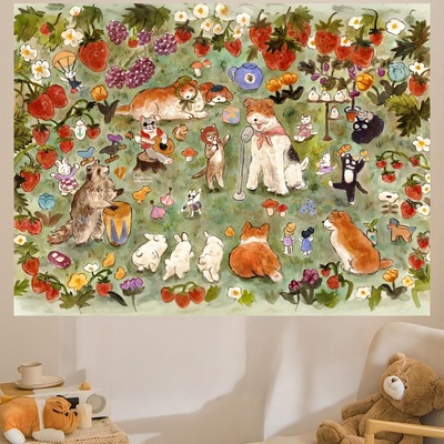 可爱踏青小动物挂布卡通油画风