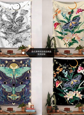 花园挂毯月相挂毯花卉藤蔓挂毯黑色背景花朵挂毯复古植物花卉挂布