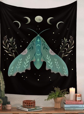 绿色蝴蝶挂布ins风月亮卧室装饰背景布房间改造墙布宿舍遮丑挂毯