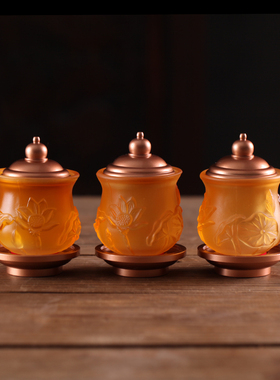 浮雕圣水杯带盖供佛摆件七彩琉璃