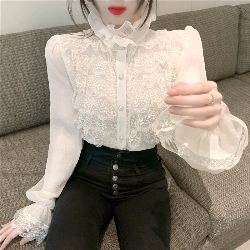 Real price lace stitching design sense of minority long sleeve shirt new versatile retro top
