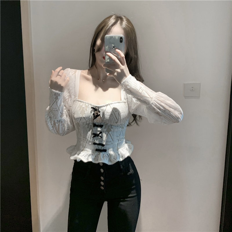 Real shot real price 2020 winter new Korean color contrast bow sexy backless lace shirt