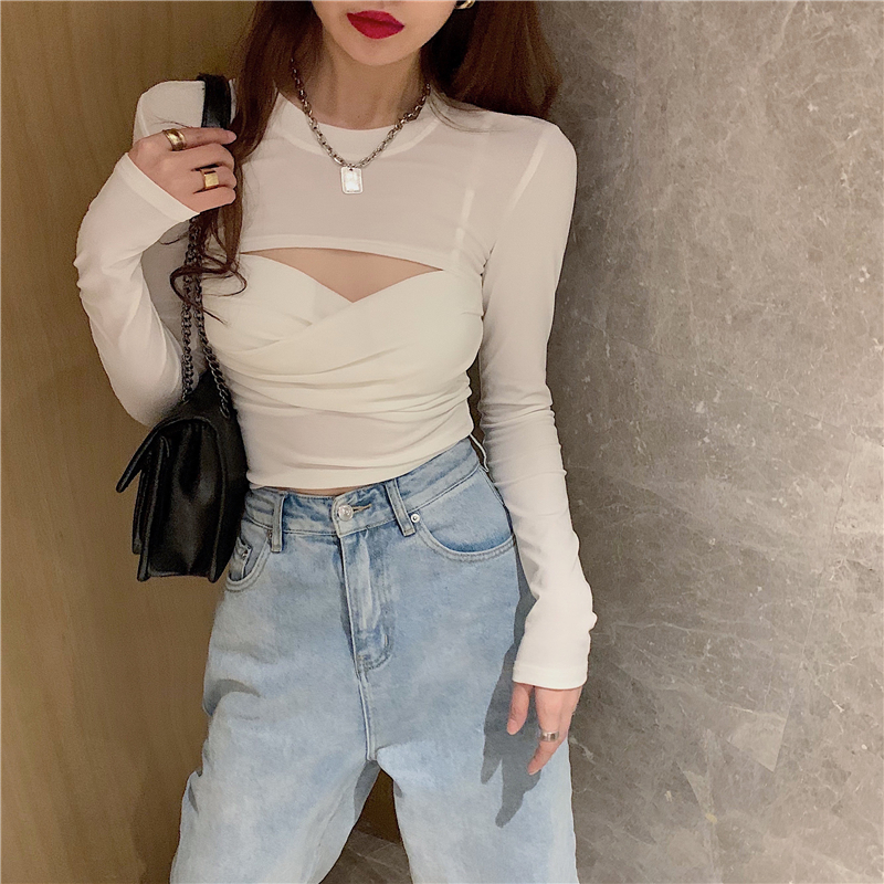 Real shot, real price, design feeling, hollow pleated cross T-shirt, slim fit, short open belly bottom