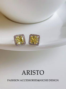 小香风黄色方形锆石耳钉小众设计感耳坠女百搭通勤精致闪耀女耳饰
