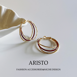 新年大气金红搭多环耳圈新潮环形素圈耳钉时尚百搭气质红色耳饰女