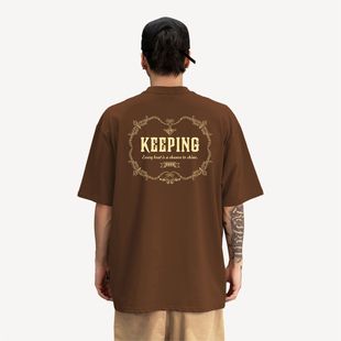 KeepingGear新款“复古花纹”潮牌嘻哈短袖黑白街舞小领口不变形