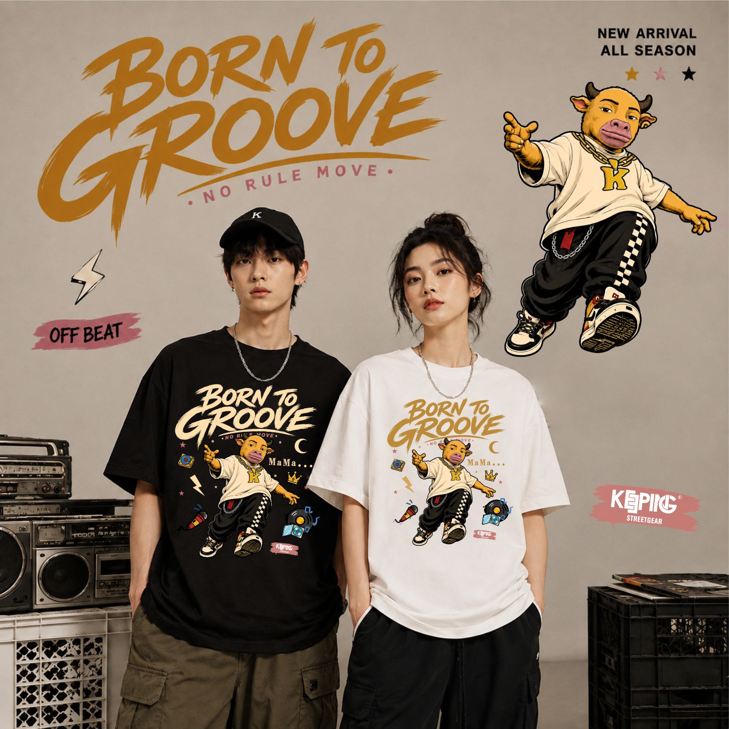 Keeping BORN TO GROOVE街舞短袖T恤 男女同款宽松潮流印花上衣