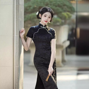 黑色蕾丝国潮小个子2025新款复古文艺中长款旗袍修身显瘦连衣裙
